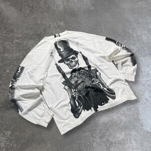 Vintage HOT LEATHERS Skeleton Guns White Long Sleeve Graphic‎ T-Shirt XL